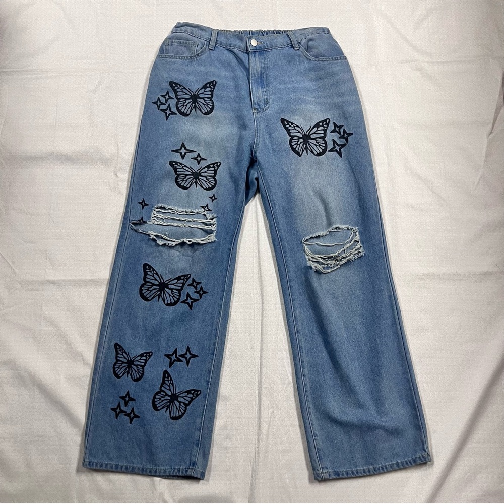 SHEIN ladies Blue Butterfly Print Straight Leg Jeans size 0XL